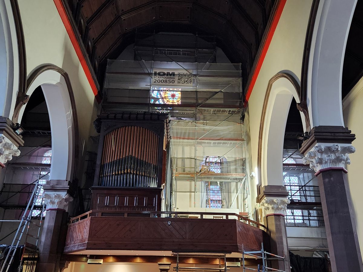 Internal scaffold, St Mary's Cathedral scaffold in Douglas