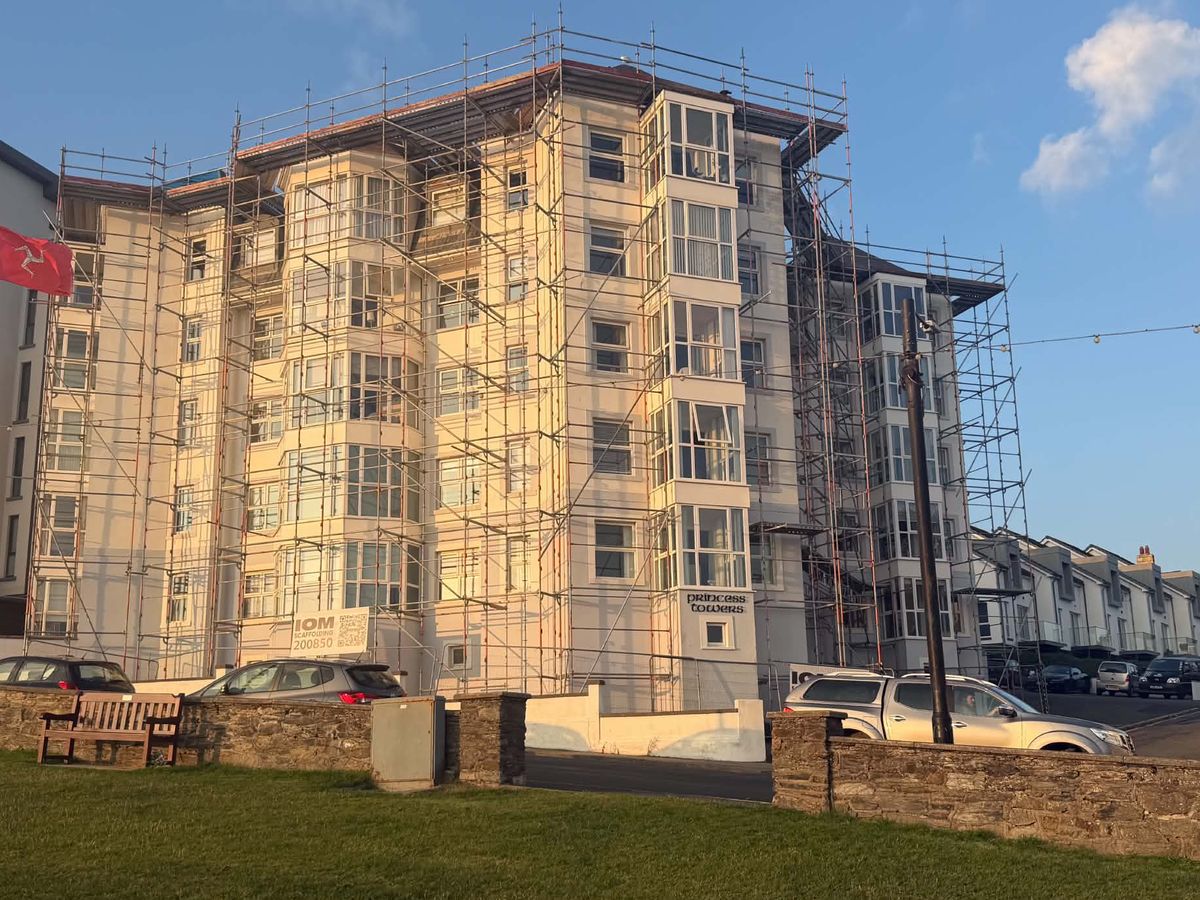 Apartment block roof works scaffold in Port Erin